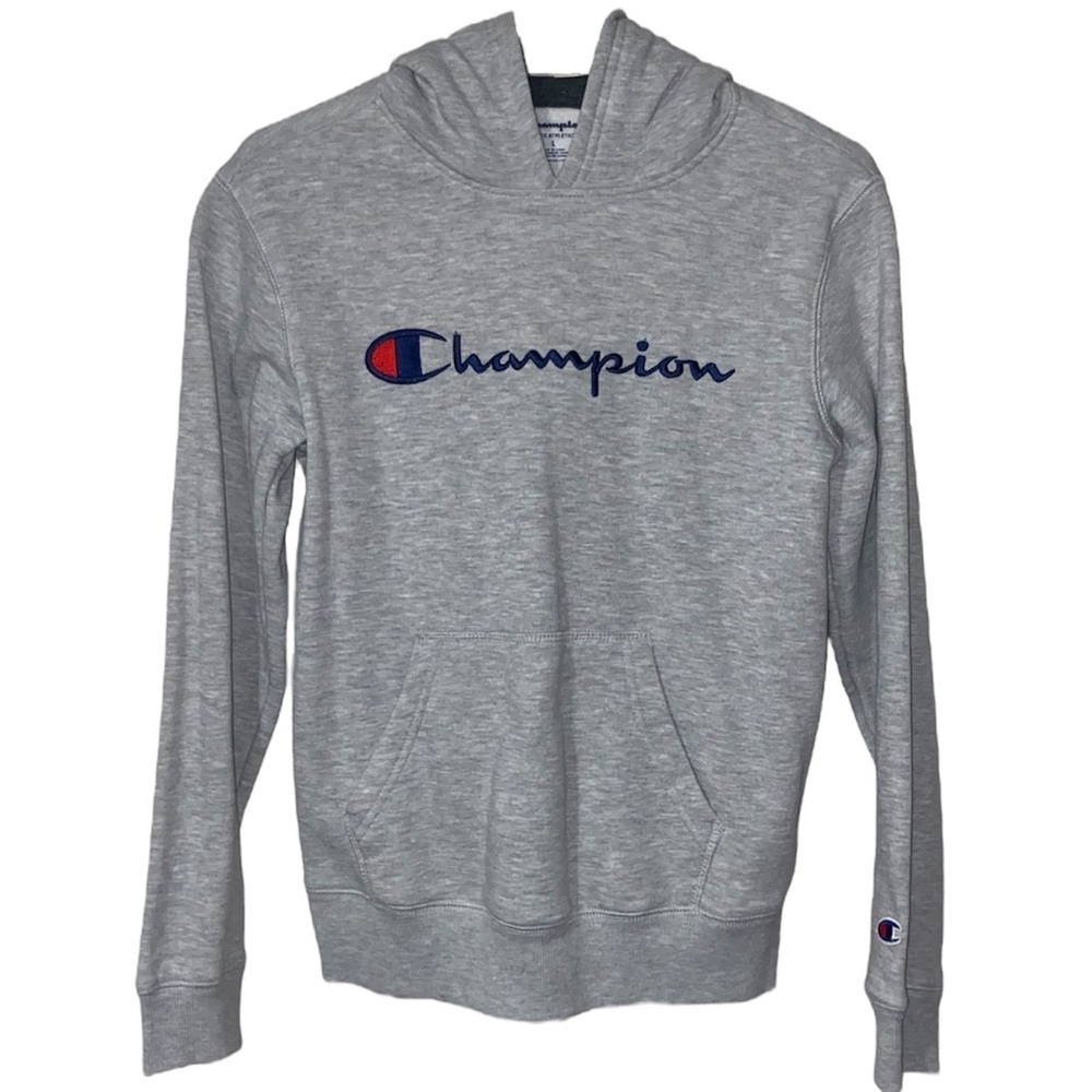 Gray champion hoodie, size L